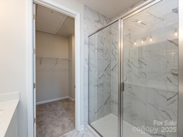 2021 Endeavor Run, Charlotte, NC 28269 - full bathroom with a marble finish shower, vanity, and a spacious closet