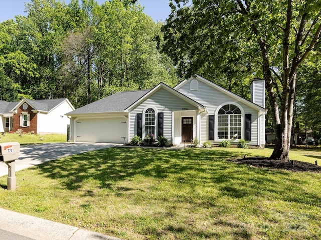 7731 Ivy Hollow Dr, Charlotte, NC 28227 - ranch-style house with a front yard, an attached garage, a chimney, and concrete driveway