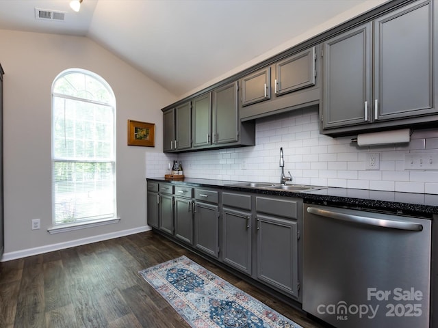 7731 Ivy Hollow Dr, Charlotte, NC 28227 - kitchen featuring vaulted ceiling, visible vents, stainless steel dishwasher, a sink, and tasteful backsplash