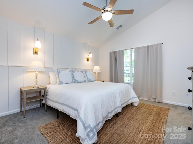 7731 Ivy Hollow Dr, Charlotte, NC 28227 - carpeted bedroom with high vaulted ceiling, visible vents, baseboards, and ceiling fan