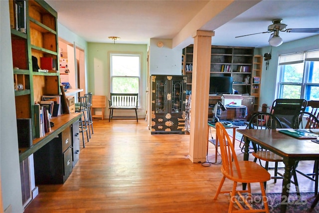 dining room with a ceiling fan and wood finished floors