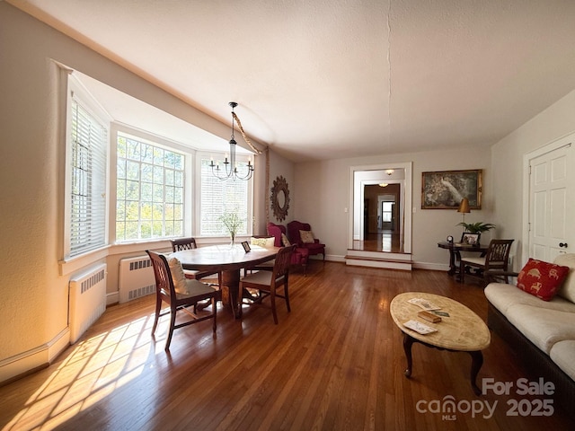559 N Washington St, Rutherfordton, NC 28139 - dining area featuring radiator, baseboards, a notable chandelier, and wood finished floors