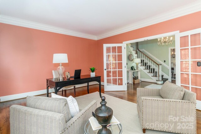 1233 Weymouth Ln, Charlotte, NC 28270 - office with crown molding, a notable chandelier, french doors, baseboards, and wood finished floors