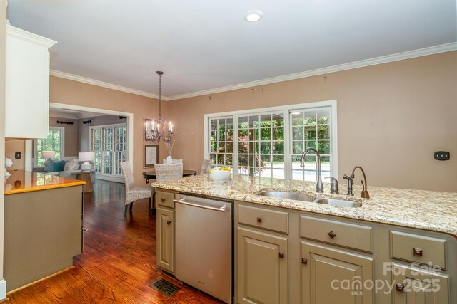 1233 Weymouth Ln, Charlotte, NC 28270 - kitchen featuring stainless steel dishwasher, a sink, an inviting chandelier, ornamental molding, and dark wood-type flooring