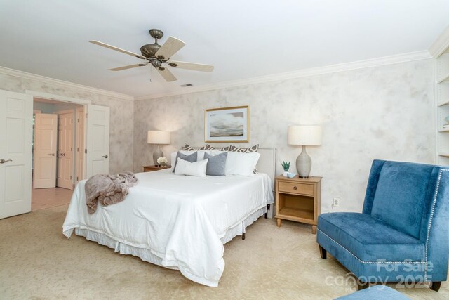 1233 Weymouth Ln, Charlotte, NC 28270 - carpeted bedroom with visible vents, ornamental molding, and ceiling fan