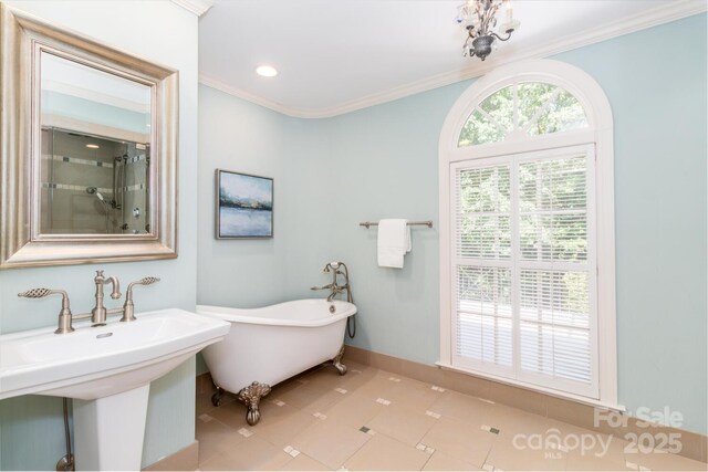 1233 Weymouth Ln, Charlotte, NC 28270 - bathroom with crown molding, a freestanding tub, baseboards, walk in shower, and a sink