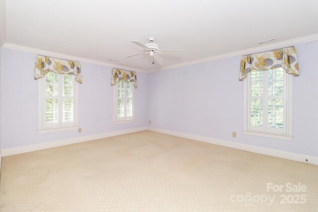 1233 Weymouth Ln, Charlotte, NC 28270 - empty room with crown molding, ceiling fan, light carpet, baseboards, and visible vents