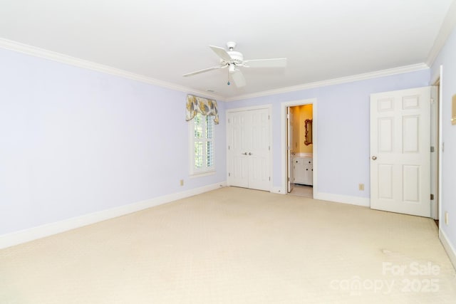 1233 Weymouth Ln, Charlotte, NC 28270 - unfurnished bedroom featuring crown molding, a closet, baseboards, light colored carpet, and connected bathroom