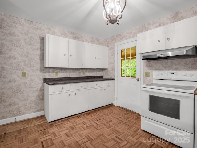 kitchen featuring white range with electric cooktop, under cabinet range hood, wallpapered walls, white cabinets, and baseboards