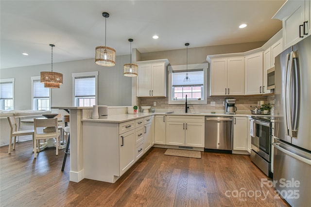 310 Portmanvilla Rd, Black Mountain, NC 28711 - kitchen featuring light countertops, a sink, a peninsula, tasteful backsplash, and appliances with stainless steel finishes
