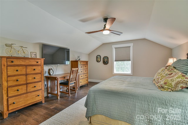 310 Portmanvilla Rd, Black Mountain, NC 28711 - bedroom with baseboards, vaulted ceiling, a ceiling fan, and dark wood-style floors