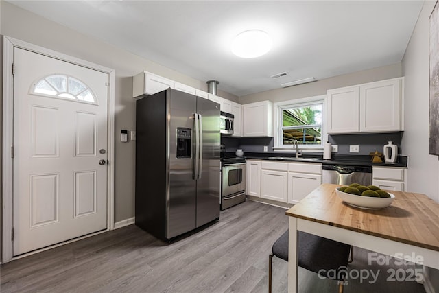 2601 Dora Dr, Charlotte, NC 28215 - kitchen featuring a sink, wooden counters, stainless steel appliances, white cabinets, and visible vents