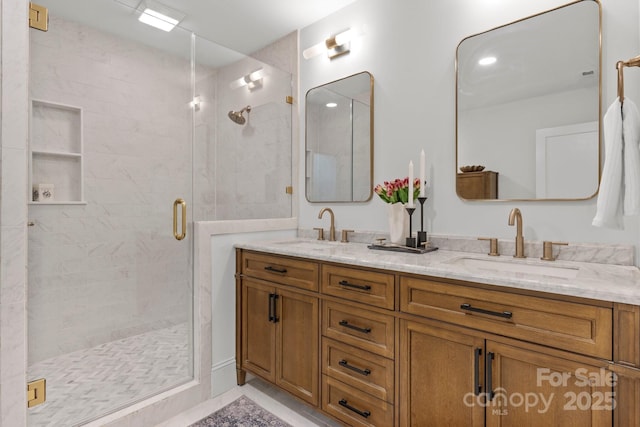 625 4th Street Dr NW, Hickory, NC 28601 - full bathroom with double vanity, a sink, and a stall shower