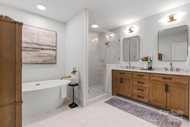 625 4th Street Dr NW, Hickory, NC 28601 - full bath featuring double vanity, a shower stall, a sink, and a soaking tub