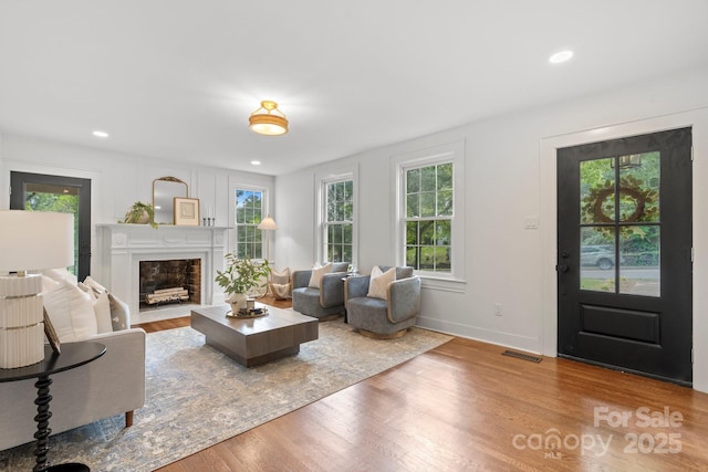 625 4th Street Dr NW, Hickory, NC 28601 - living room with a fireplace with flush hearth, wood finished floors, and a wealth of natural light