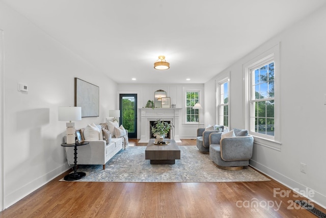 625 4th Street Dr NW, Hickory, NC 28601 - living room featuring baseboards, recessed lighting, wood finished floors, and a fireplace