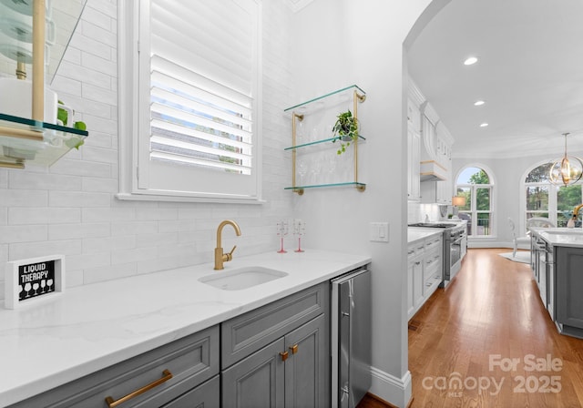 13420 Robert Walker Dr, Davidson, NC 28036 - interior space featuring wine cooler, high end stainless steel range, backsplash, a sink, and gray cabinetry