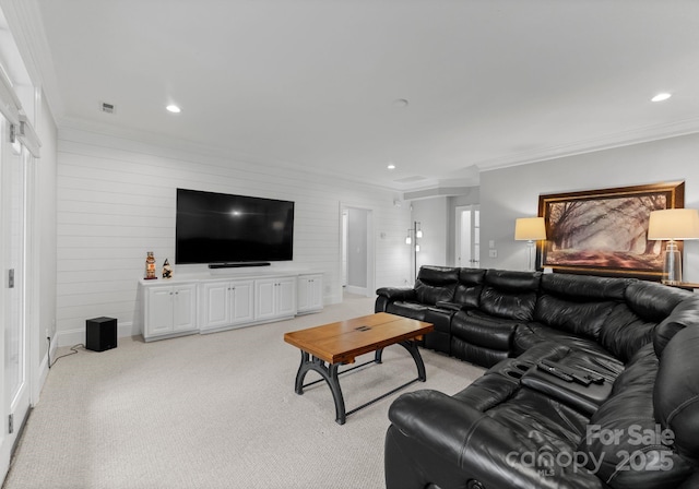 13420 Robert Walker Dr, Davidson, NC 28036 - living room with light carpet, recessed lighting, and ornamental molding