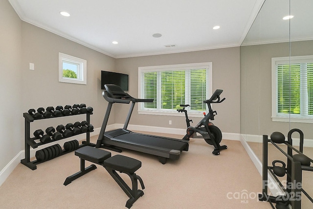 102 Eastham Ct, Mooresville, NC 28117 - exercise room with recessed lighting, baseboards, ornamental molding, and carpet floors