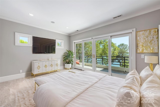 102 Eastham Ct, Mooresville, NC 28117 - carpeted bedroom featuring french doors, visible vents, crown molding, baseboards, and access to exterior