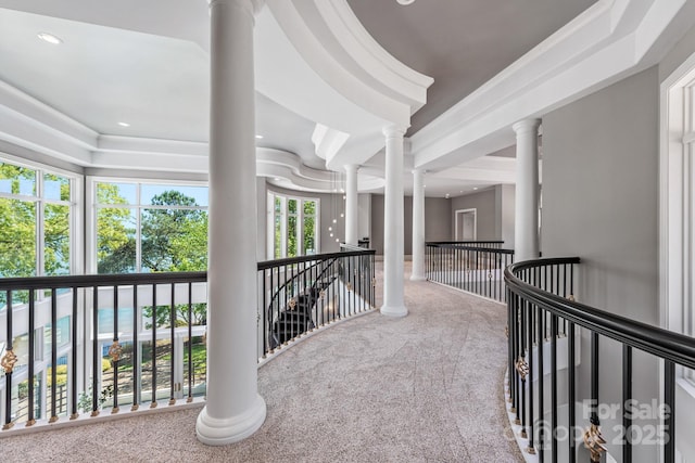 102 Eastham Ct, Mooresville, NC 28117 - hallway with carpet, an upstairs landing, decorative columns, and recessed lighting