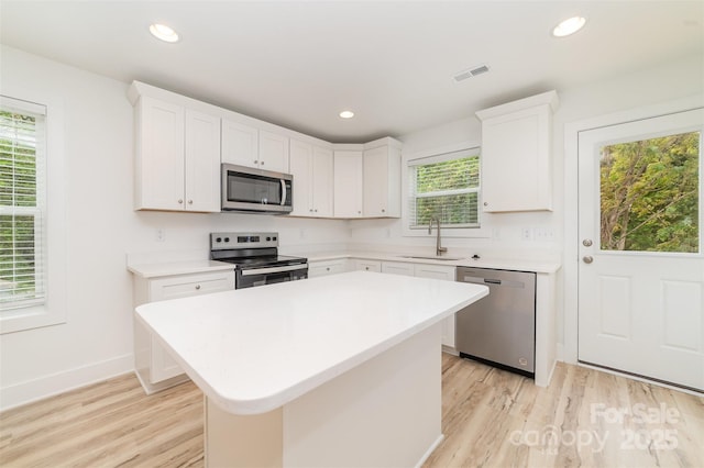 kitchen featuring light countertops, light wood-type flooring, a sink, and stainless steel appliances