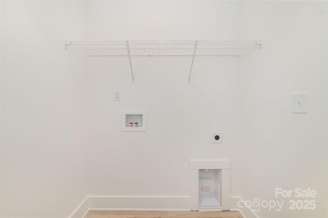laundry area featuring baseboards, washer hookup, laundry area, hookup for an electric dryer, and light wood-style flooring