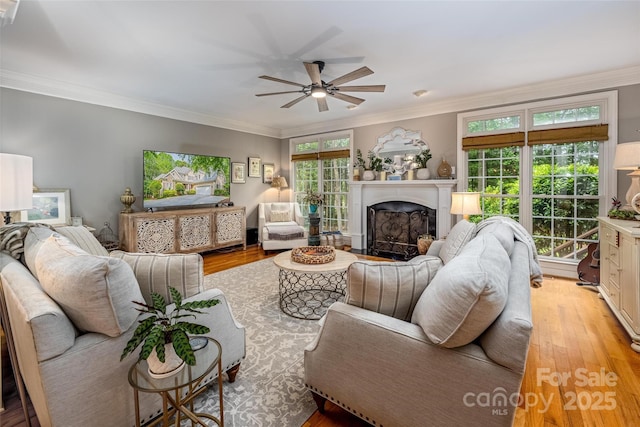 19729 Callaway Hills Ln, Davidson, NC 28036 - living room featuring light wood-style flooring, a fireplace, a ceiling fan, and crown molding
