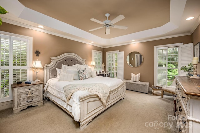 19729 Callaway Hills Ln, Davidson, NC 28036 - bedroom featuring light carpet, ornamental molding, a tray ceiling, and recessed lighting