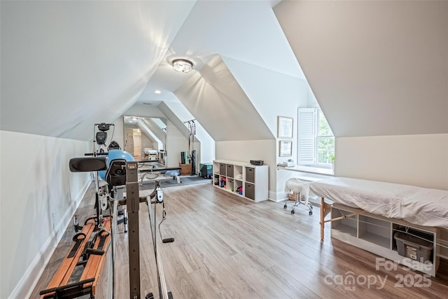 19729 Callaway Hills Ln, Davidson, NC 28036 - workout room with wood finished floors, lofted ceiling, and baseboards