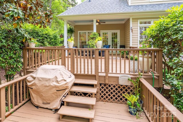 19729 Callaway Hills Ln, Davidson, NC 28036 - wooden terrace with a ceiling fan and area for grilling