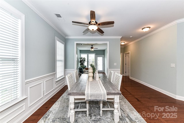 11123 Bailey Park Nature Dr, Cornelius, NC 28031 - dining area with ornamental molding, visible vents, dark wood-type flooring, and ceiling fan
