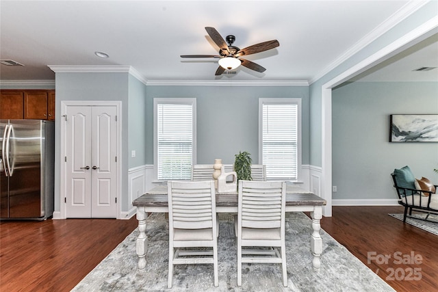 11123 Bailey Park Nature Dr, Cornelius, NC 28031 - dining room with a healthy amount of sunlight, a ceiling fan, dark wood-style floors, and visible vents