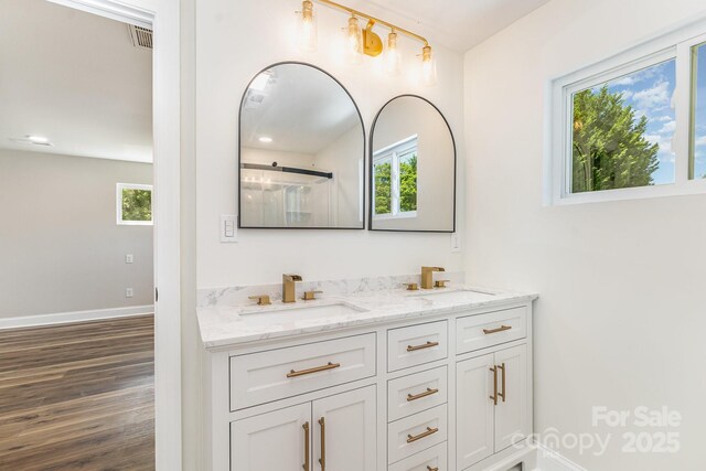112 Circle Dr, Salisbury, NC 28144 - bathroom with plenty of natural light, baseboards, wood finished floors, and double vanity