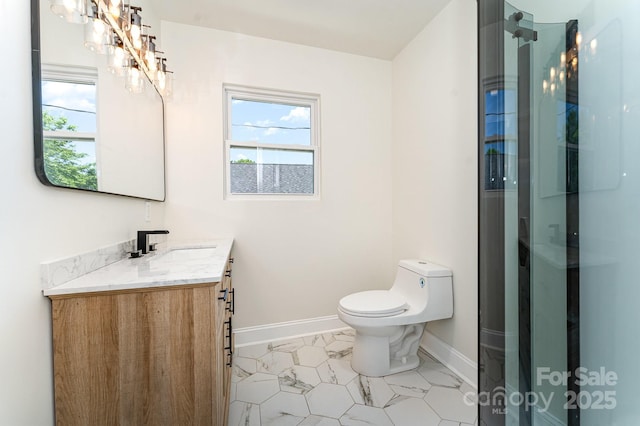 112 Circle Dr, Salisbury, NC 28144 - bathroom with baseboards, a chandelier, toilet, vanity, and tile patterned floors
