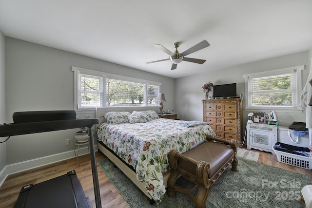 bedroom featuring light wood finished floors, ceiling fan, and multiple windows