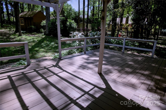 10708 Danesway Ln, Cornelius, NC 28031 - wooden deck with an outdoor structure and a shed