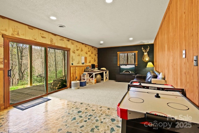 675 Rodgers Rd, Newland, NC 28657 - game room featuring a textured ceiling, visible vents, recessed lighting, wood walls, and stone finish floor