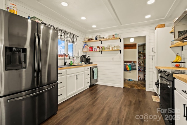 675 Rodgers Rd, Newland, NC 28657 - kitchen with open shelves, a sink, wooden counters, and appliances with stainless steel finishes