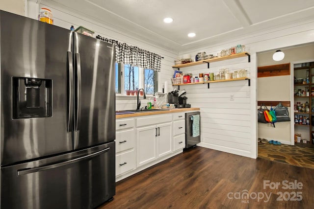 675 Rodgers Rd, Newland, NC 28657 - kitchen featuring white cabinets, dark wood-type flooring, a sink, wooden counters, and appliances with stainless steel finishes