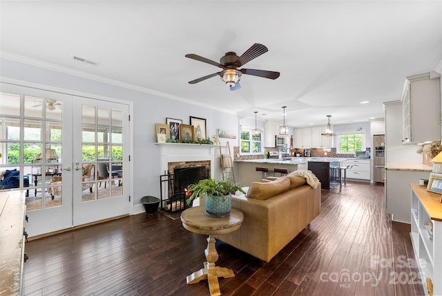 living room featuring french doors, a ceiling fan, dark wood finished floors, and visible vents