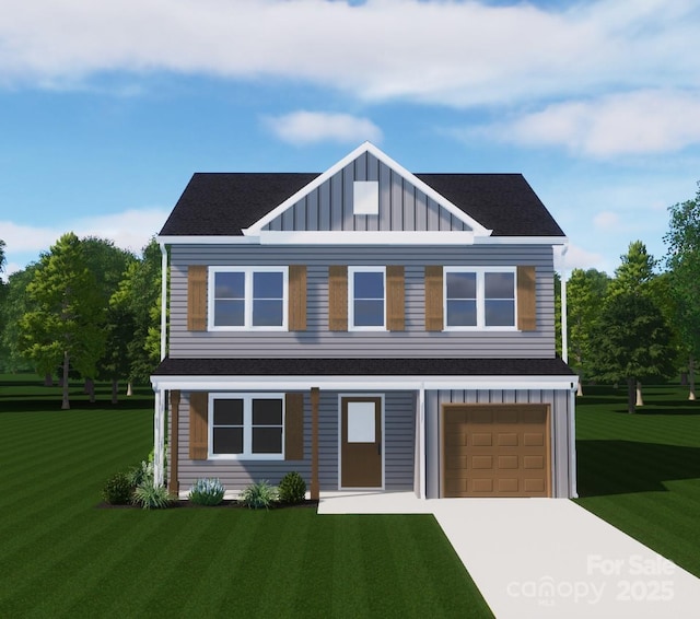 530 Gantt St, Mooresville, NC 28115 - view of front facade featuring board and batten siding, a front yard, driveway, an attached garage, and a shingled roof