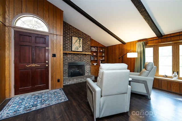 846 Gist Rd, Rock Hill, SC 29732 - living room featuring vaulted ceiling with beams, wood walls, a brick fireplace, and wood finished floors