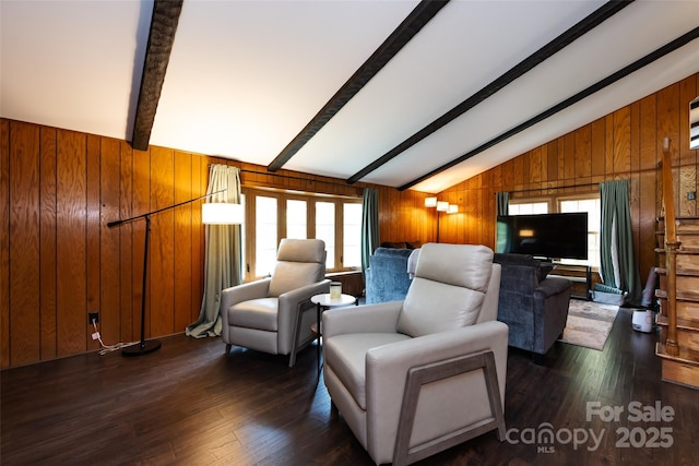 846 Gist Rd, Rock Hill, SC 29732 - living area with wooden walls, dark wood finished floors, a healthy amount of sunlight, and vaulted ceiling with beams