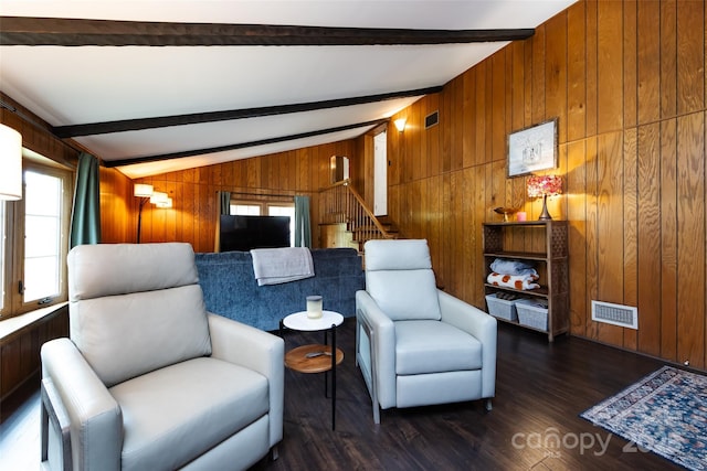 846 Gist Rd, Rock Hill, SC 29732 - living area featuring wooden walls, a wealth of natural light, and vaulted ceiling with beams