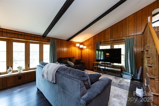 846 Gist Rd, Rock Hill, SC 29732 - living room featuring wooden walls, wood finished floors, and vaulted ceiling with beams