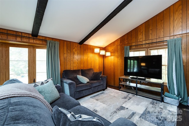 846 Gist Rd, Rock Hill, SC 29732 - living area featuring plenty of natural light, vaulted ceiling with beams, wood walls, and wood finished floors