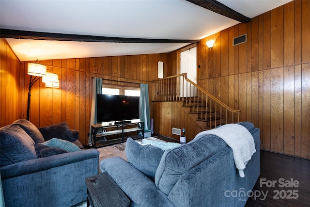 846 Gist Rd, Rock Hill, SC 29732 - living area featuring wooden walls, vaulted ceiling with beams, wood finished floors, visible vents, and stairway
