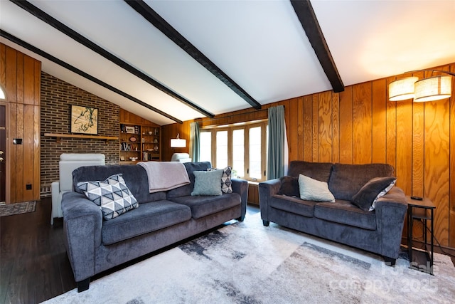 846 Gist Rd, Rock Hill, SC 29732 - living area with built in features, a brick fireplace, wood finished floors, wooden walls, and lofted ceiling with beams
