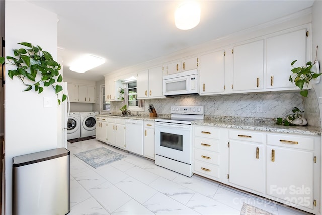 846 Gist Rd, Rock Hill, SC 29732 - kitchen with decorative backsplash, marble finish floor, white appliances, and washing machine and clothes dryer